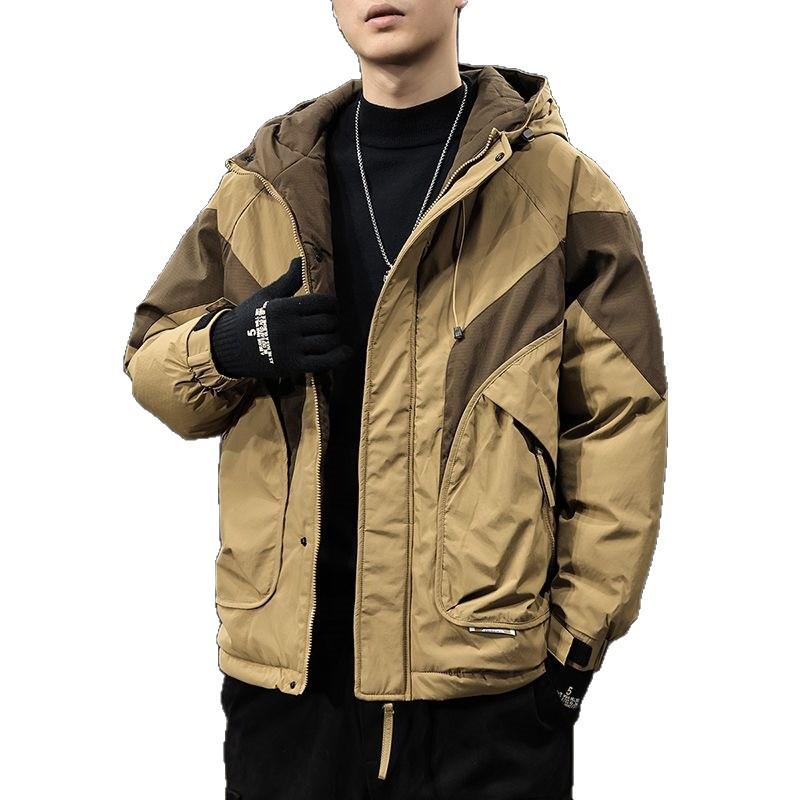 2025 Winter Men's Trendy Color Block Hooded Cotton Jacket: Loose Fit Casual Workwear Outerwear