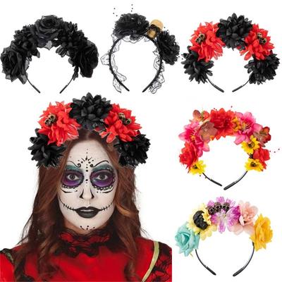 1 szt. Halloweenowa opaska na głowę z kwiatem róży Meksykańska korona z kwiatów róży z czarną welonem Dekoracja na imprezowy kostium Cosplay