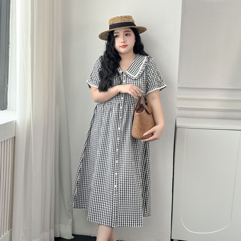 Plus size women clothing [Dew Fairy Tale] Summer French style Doll Collar Lace Stitching High Waist Slimming Plaid Dress