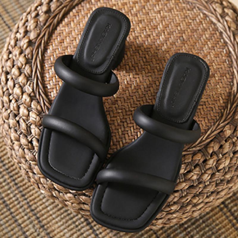 Fashion High Quality Square Toe Narrow Band Women Sandals Summer Open Toe Hoof Heel Slide Sandals Simple Comfort High Heeled Sandals