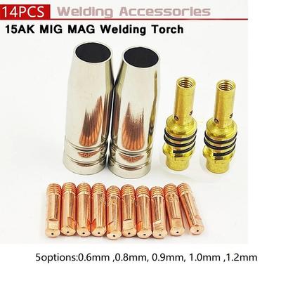 14Pcs 15AK Welding Torch Consumables 0.6-1.2mm MIG Torch Gas Nozzle Tip Holder