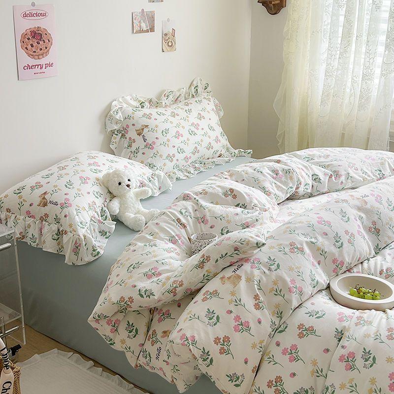 Ins Girl Bedding Set Heart Cherry Duvet Set With Double Layer Yann Pink Four PIECE Set Simple Washing Cotton Bed Sheet Bed Sheet