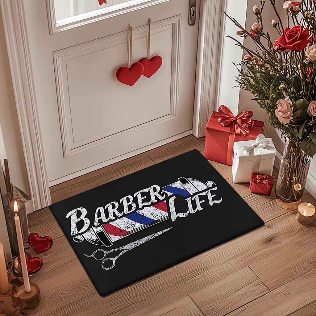 Retro Barber Life Entrance Mat, Scissors and Barber Pole Portrait Rug, Aesthetic Non-Slip Welcome Mat for Salon Decor