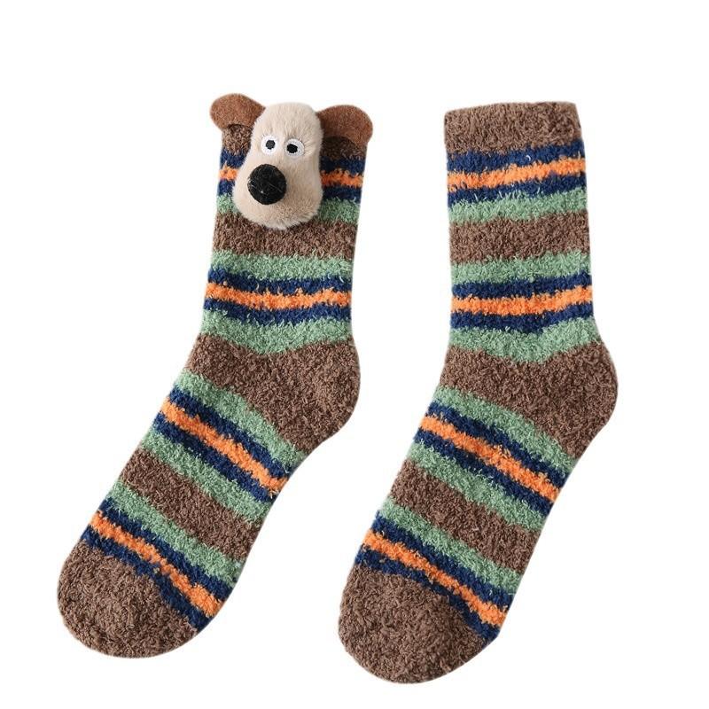 Cute Puppy Coral Fleece Socks Women Plush Thickened Home Sleep Warm Fur Floor Socks Winter Cotton