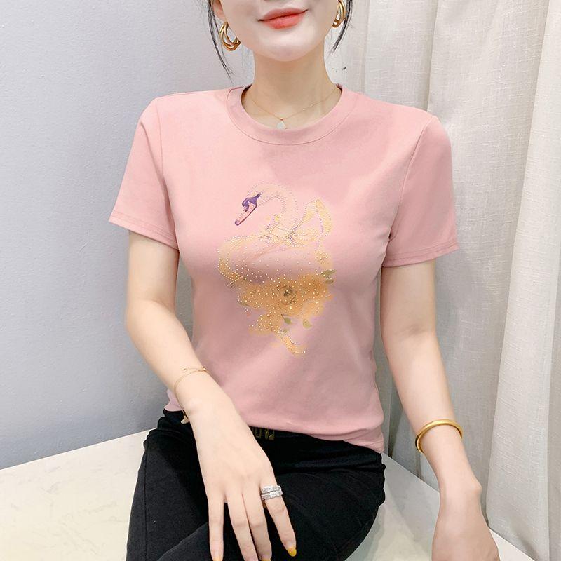 

Классическая женская блестящая футболка с мультяшным лебедем и горячими бриллиантами, с круглым вырезом, летняя, офисная леди, хлопковые топы, одежда, новая мода, футболки с цветочной феей 3XL розовый