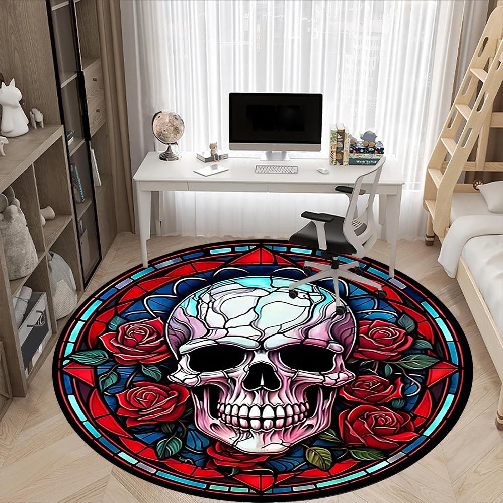 1pc Skull Roses Office Round Area Rug, Under Office Chairs Bedroom Living Room Home Decor, Room Deco