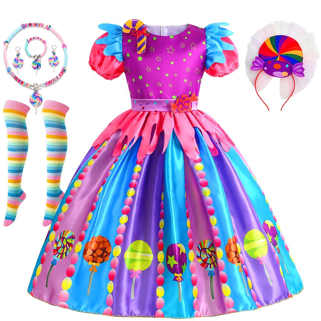 Purim Festival Suspender Rainbow Dress For Girl Candy Lollipop Costume Party Gift Candy Dress + Lollipop Accessories Suit