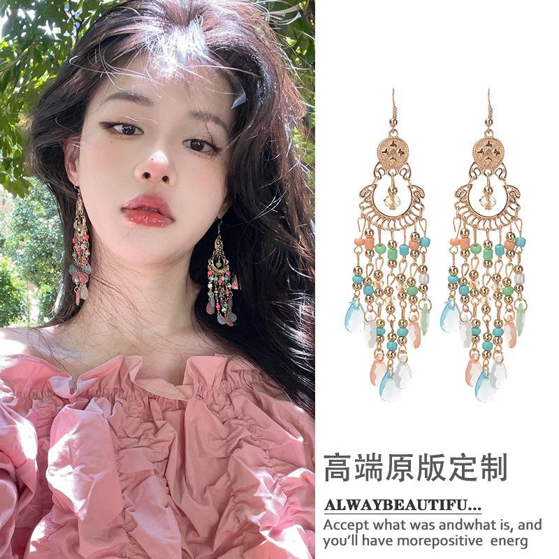 Bohemian water droplets crystal rice beads fringed ear hooks retro ethnic style earrings fashion vacation style earrings