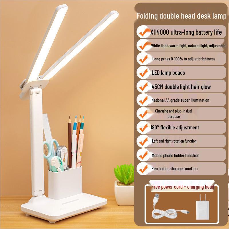 LED Eye-Protecting Double-Head Desk & Bedside Lamp with Atmosphere Night Light for College Study & Dorm Reading