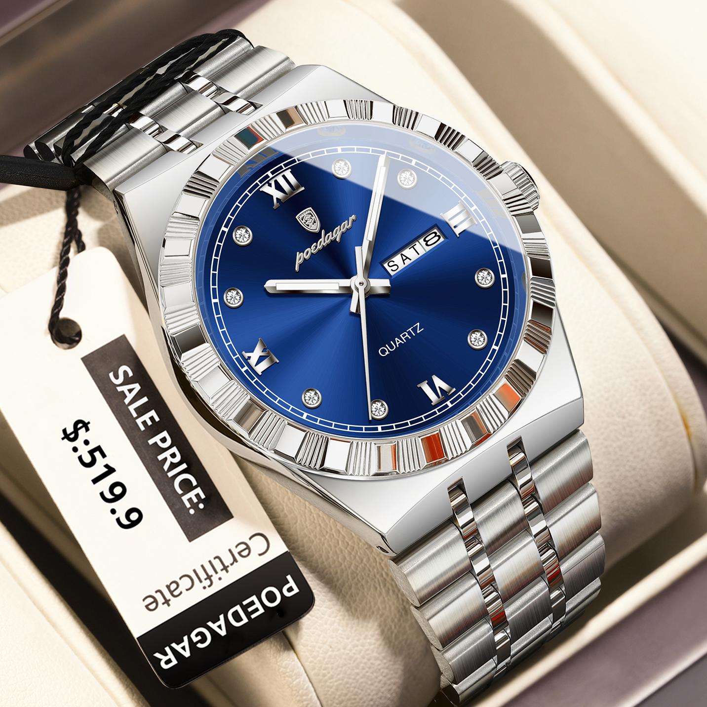 

Роскошные мужские бизнес-часы Водонепроницаемые Светящиеся Неделя Дата Мужские наручные часы Нержавеющая сталь Модные кварцевые часы серебряный/синий