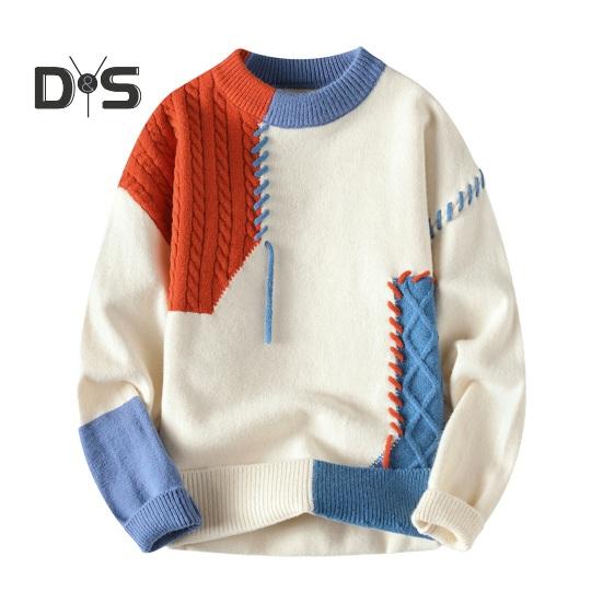 

Осень-зима мужской свитер с цветными блоками, срезами, с круглым вырезом, свободный вязаный пуловер, толстый теплый свитер с низом, повседневная одежда, работа, свидание, свитер M оранжевый