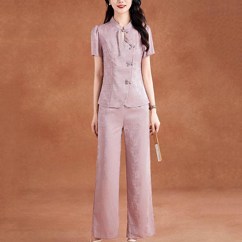 

2025 Summer Plus Size Elegant Two-Piece Suit: Flaw-Hiding Wide Leg Pants Set for Women L (for 100-115 jin)