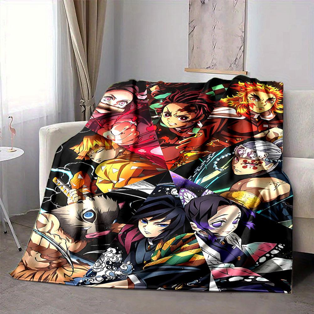 1pc Demon Slayer Flannel Throw Blanket HD Printed Lightweight Soft Warm All Season Blanket for Sofa, Bed, Travel, Camping Machine Washable