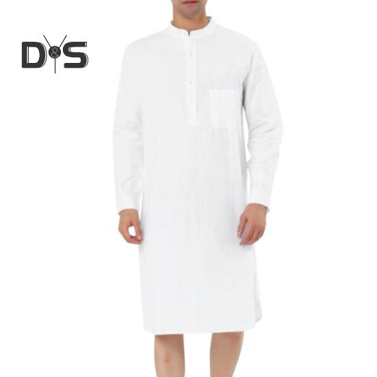 

Мужская рубашка-халат с длинным рукавом, воротником-стойкой, накладным карманом, однобортная, однотонная, длиной до колена, мужская весна-осень XL белый