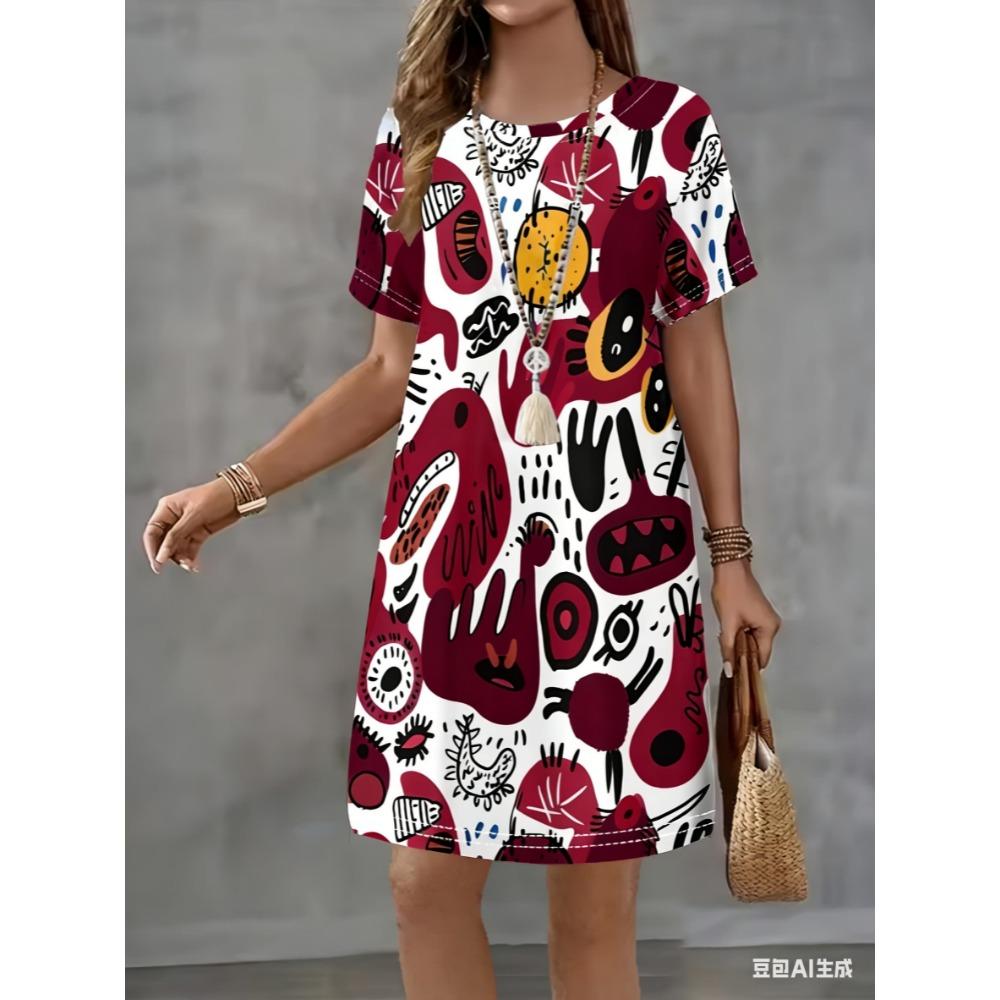 Mini-Kleid mit Rundhalsausschnitt ist für den Sommer und alle Jahreszeiten geeignet.. Es hat einen lockeren Schnitt.
