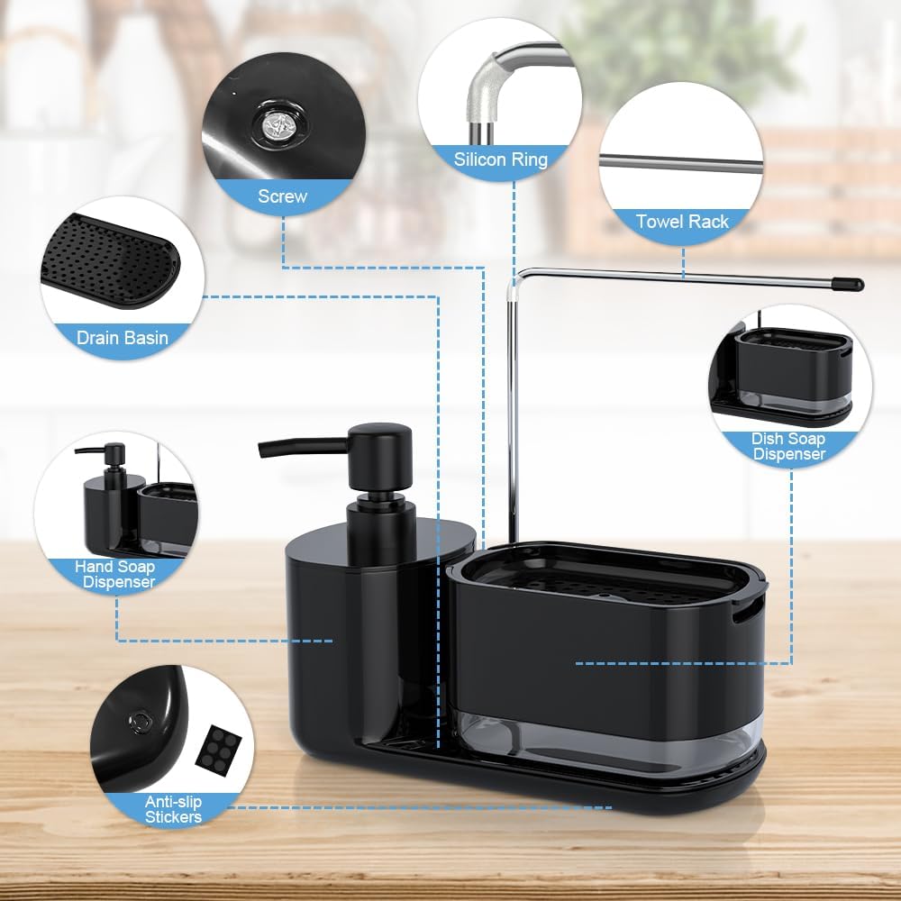 Kitchen Soap Dispenser Set, Soap Dispenser for Kitchen Sink, Dish Soap Dispenser with Sponge Holder, Rag Holder and Tray, 4-in-1 Organizer for