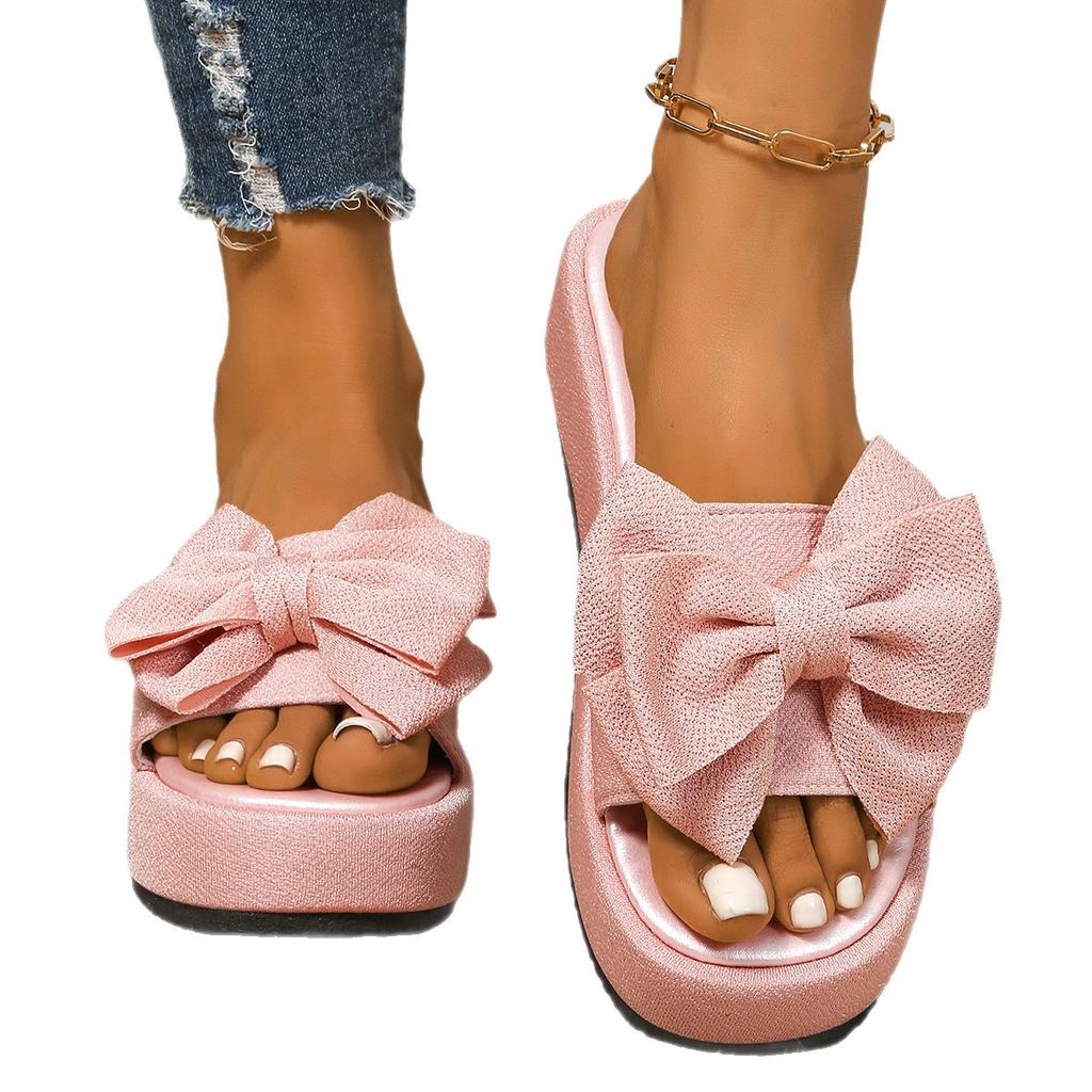 Foreign Trade Large Size Muffin Thick-bottomed Slippers Women's 2025 Fashion Outer Wear One-word Drag Bow Cool Slippers Spot