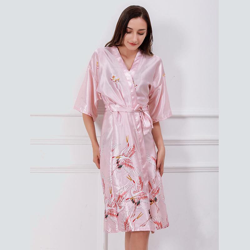 

Халаты для женщин Шелковый кардиган V-образный вырез Халат для девочек Домашняя одежда Ice Silk White Crane Ночная рубашка Невеста Халат Пижамы XL розовый
