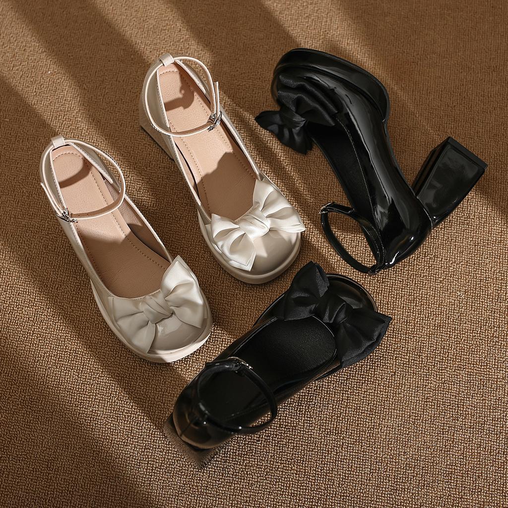 Bow Mary Jane Shoes Women's Round Head 2025 New Thick Heel Thick Sole Japanese Small One-word Buckle with High Heels