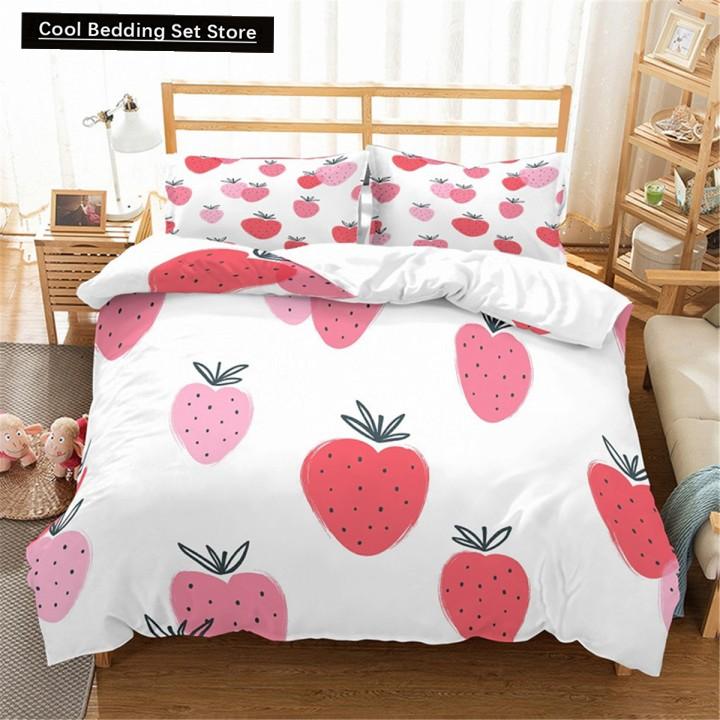 Red Strawberry Cute Bedding Set 3D Pink Lovely Summer Fruit Duvet Cover King Queen For Kids Girls 2/3Pcs Polyester Quilt Cover