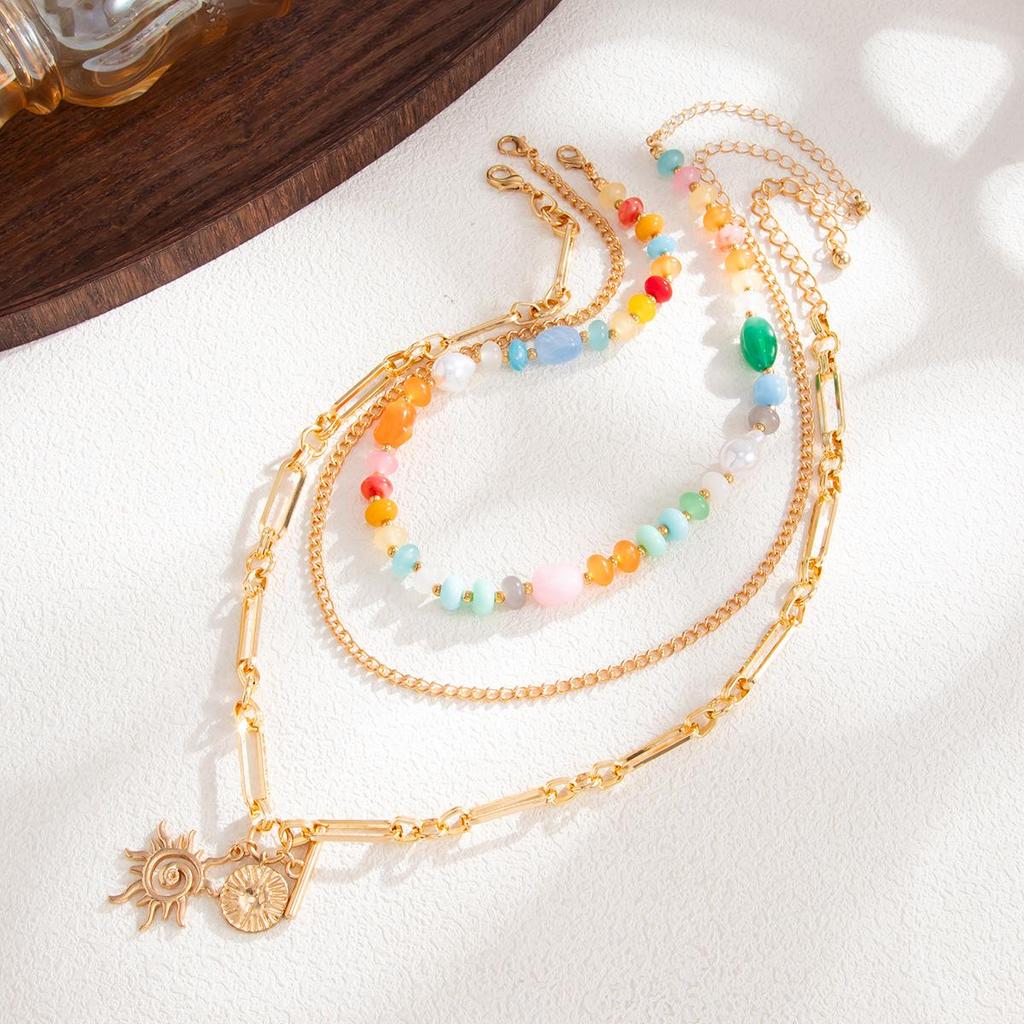 Bohemian Sunflower Pendant Necklace with Colorful Beaded Chain