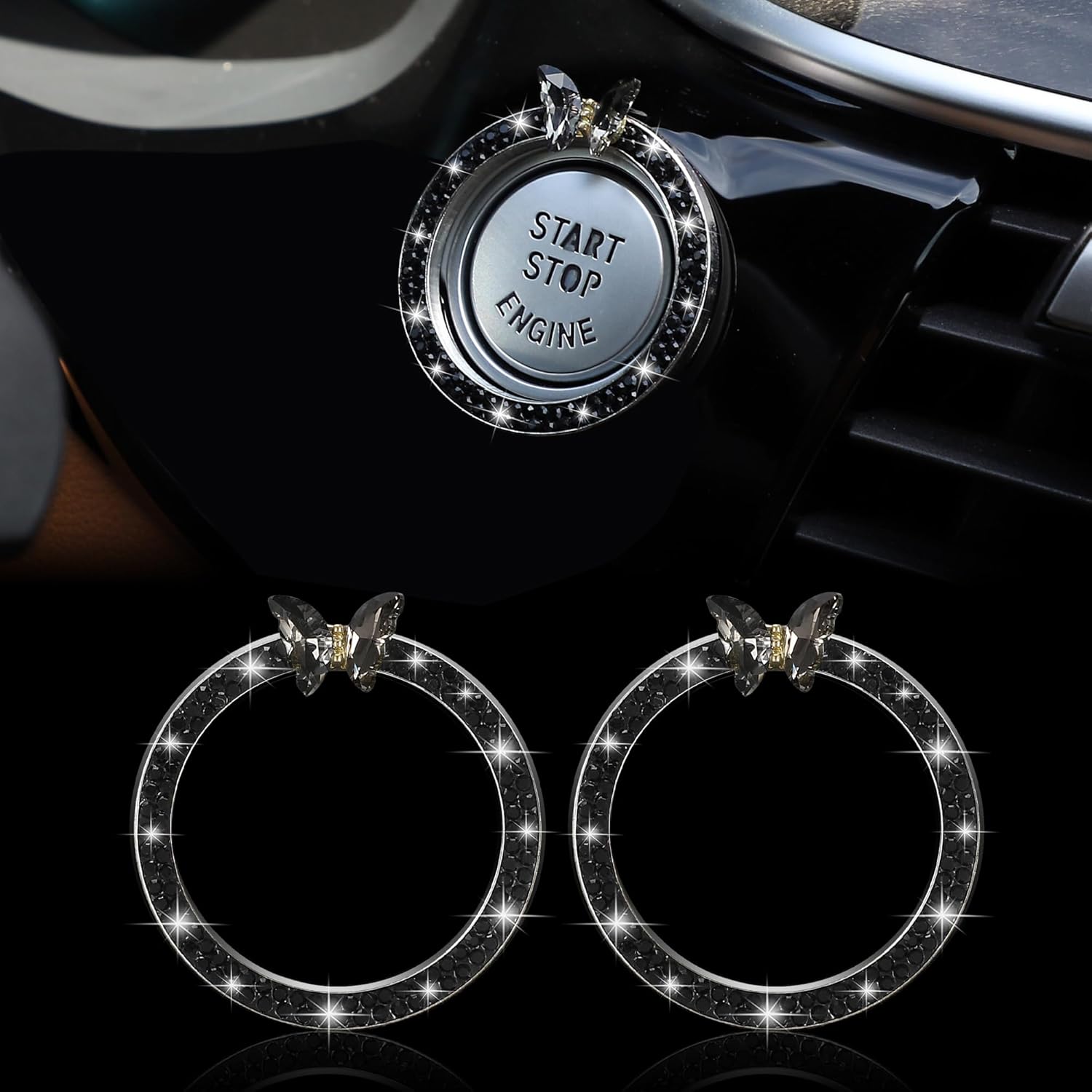 TOMALL Bling Car Engine Start Button Cover Butterfly 2pcs Diamond Interior Crystal Push Start Stop Button Ring Sparkly Engine Ignition Cap Rhinestone чёрный