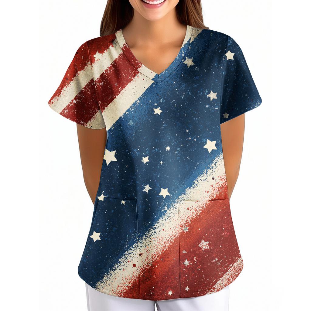 Womens V Neck Short Sleeve Printed Scrub Top Loose Fit with Pocket Comfortable Soft Material for Healthcare Uniforms