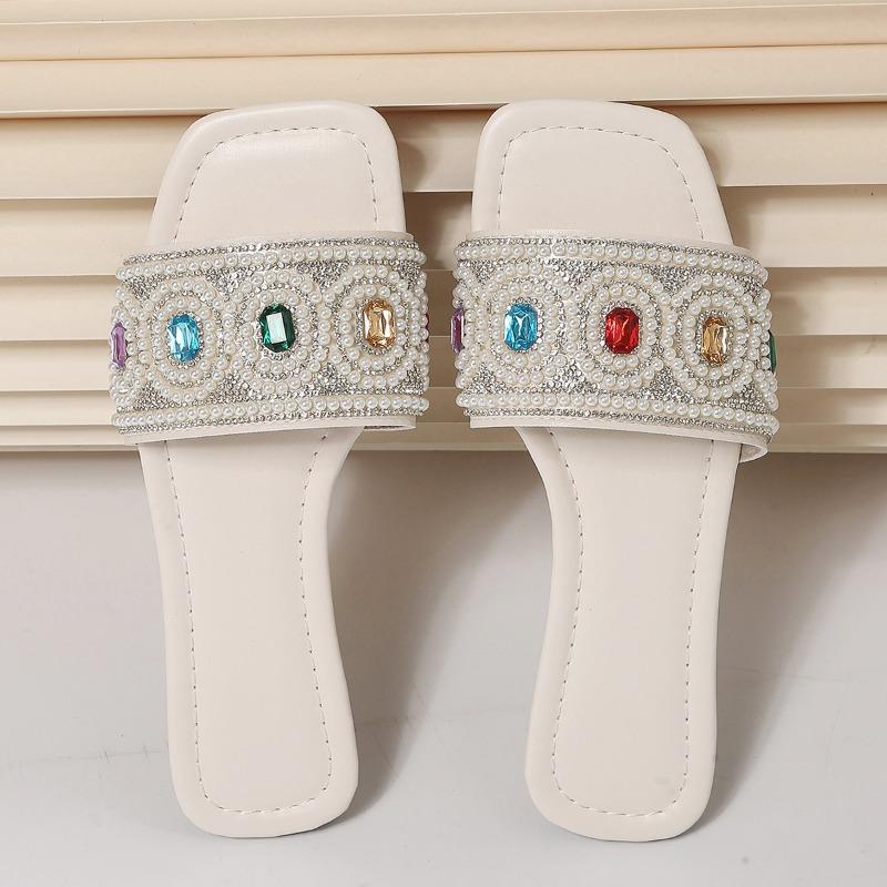 Plus Size Pearl Color Diamond Soft Sole Slipper for Women 2025 Summer New Outside Square Toe Fashion Slip Slippers