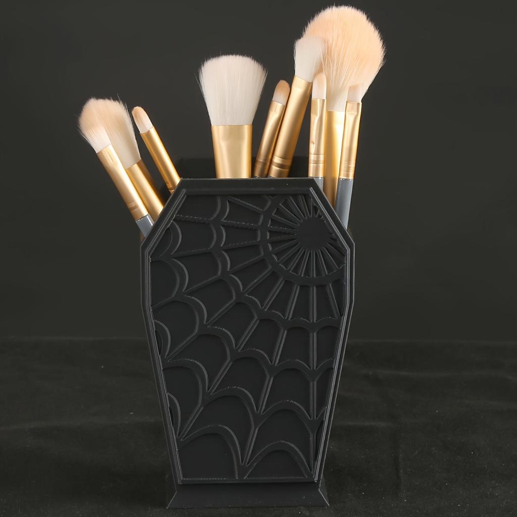 Gothic Coffin-Shaped Spider Web Makeup Brush Holder Lightweight Plastic Desk Organizer for Vanity Office Decor Brush Holder
