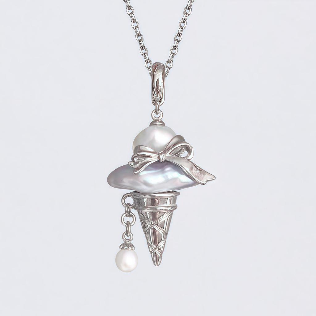 Women's Pearl Bow Pendant Necklace with Ice Cream Cone Charm