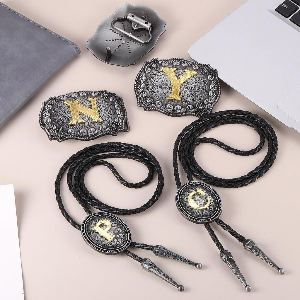 [PATIKIL] Western Cowboy Bolo Tie and Belt Buckle Set, Gold Initial "J", Cowhide Rope Tie, Unisex Costume, Traditional Vintage Accessory,
