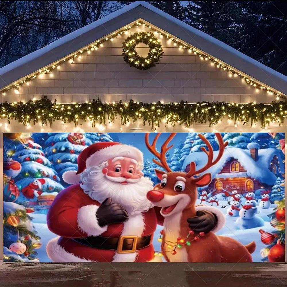 Merry Christmas Garage Door Background Banner Xmas Tree Gift Santa Claus Backdrop Winter Christmas Party Outdoor Wall Decoration