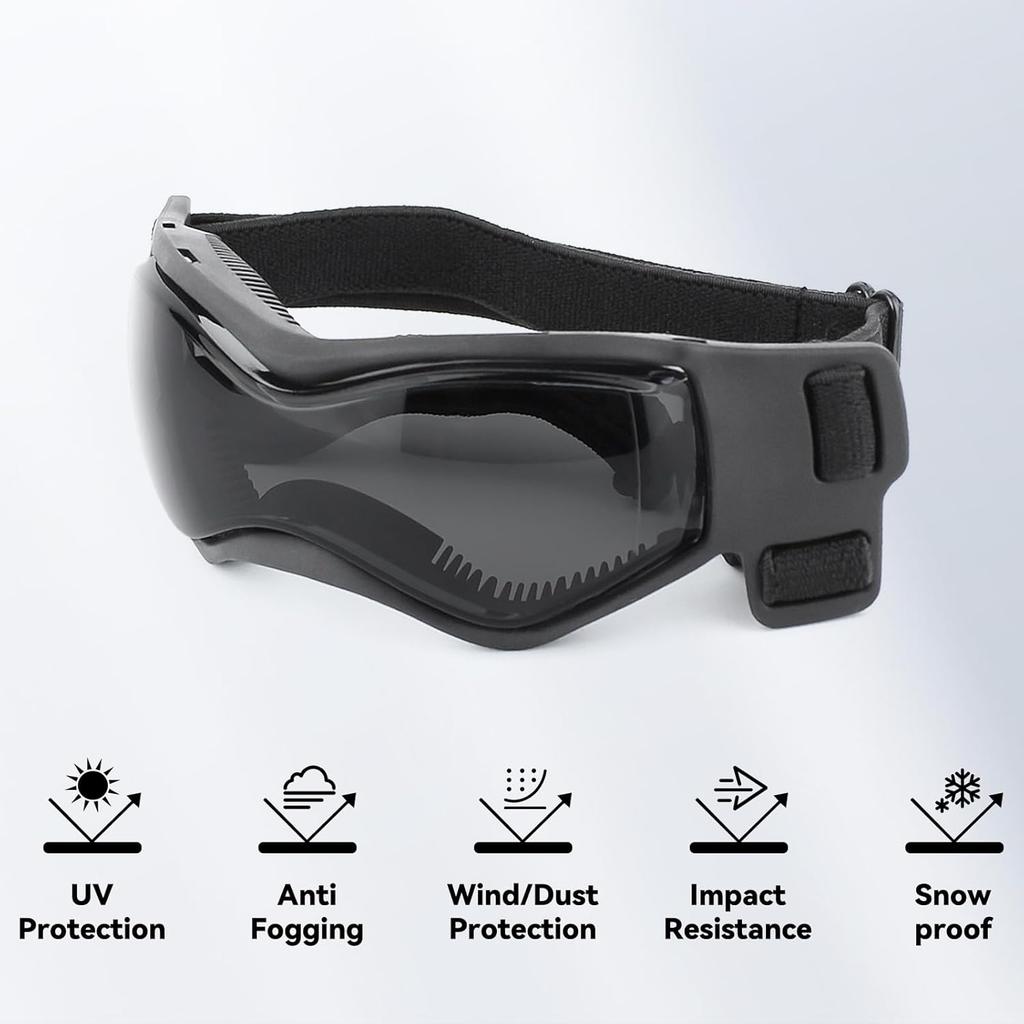 Dog Goggles Dog Sunglasses for Small Breed UV Protection Windproof with Adjustable Head Straps Chin Straps for Ride Car/Hiking Travel/On Beach-Black