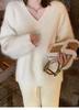 Women's High-End White V-Neck Pullover Sweater - Soft, Loose, Cozy Knit for Autumn/Winter Layering
