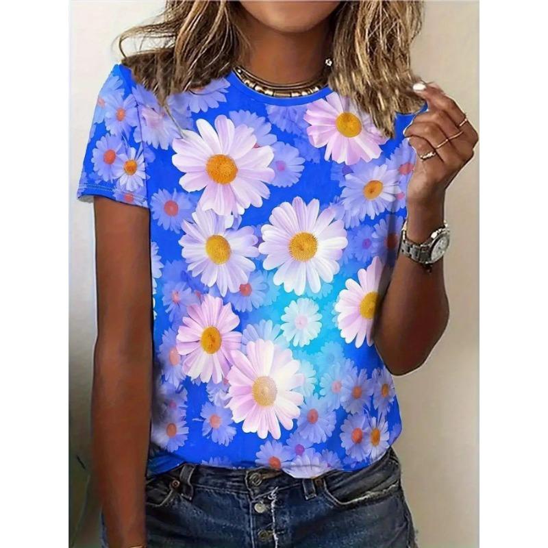 Women s 3D floral printed short sleeved T-shirt - Bright Blue Daisy 2XS