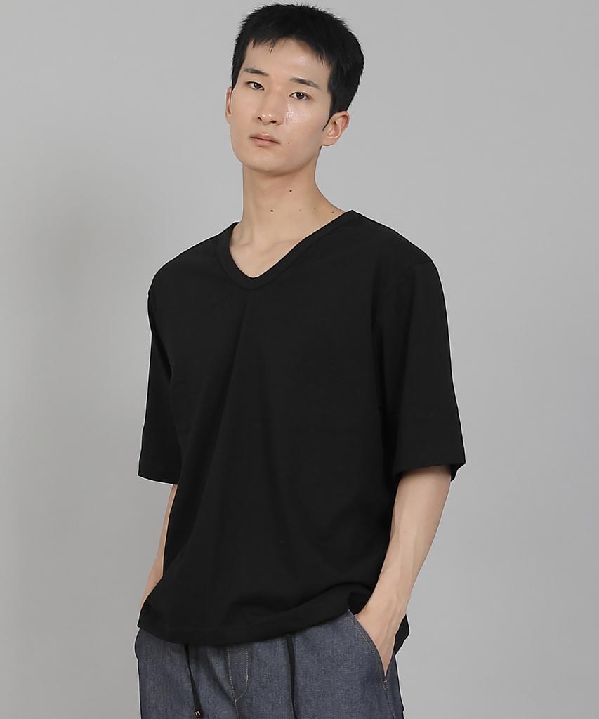 Seinteukeulu Plain V-Neck 16S Cotton Knee-Length Short Sleeve T-Shirt V-8A01 Black