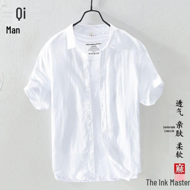 Men's Summer Short-Sleeve Ice Silk Linen Business Casual Shirt - White Trend