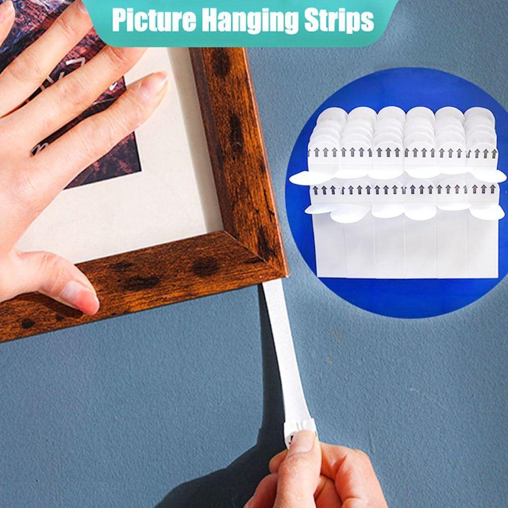 12 Pairs Punch-free Frame Tape Strips Picture Frame Wall Hook Decorate Wall Hanger