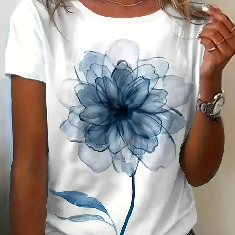 Watercolor flower breathable medium stretch fabric, regular fit round neck short sleeved shirt