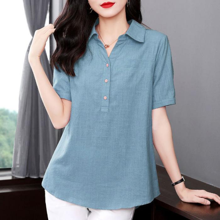 

Новая хлопково-льняная рубашка с коротким рукавом в национальном стиле для мамы, летняя тонкая 2025 новая женская свободная футболка большого размера M светло-синий