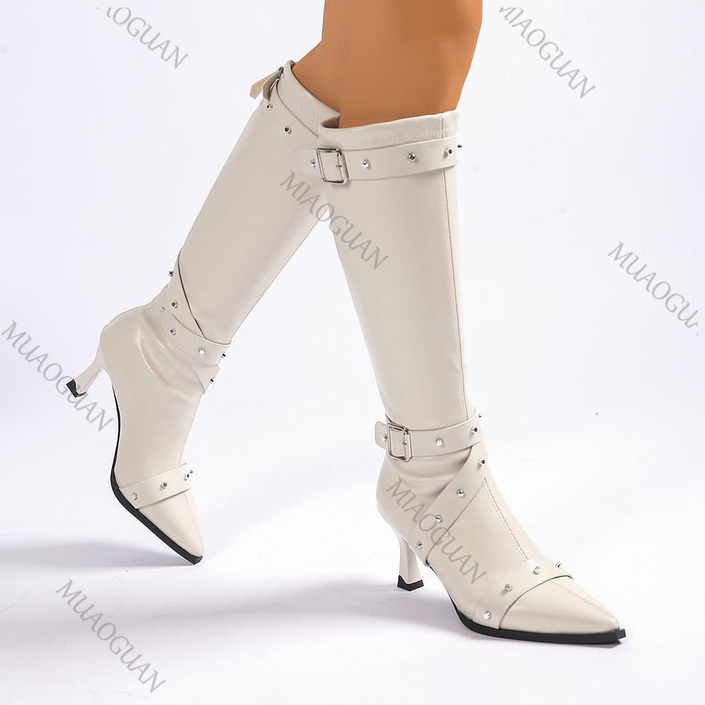 Fashion Women's Knee High Boots Pointed-toe Belt Buckle Slimming High-heeled Fashion Autumn Shoes Sexy Punk Gothic Rivet Long Botas