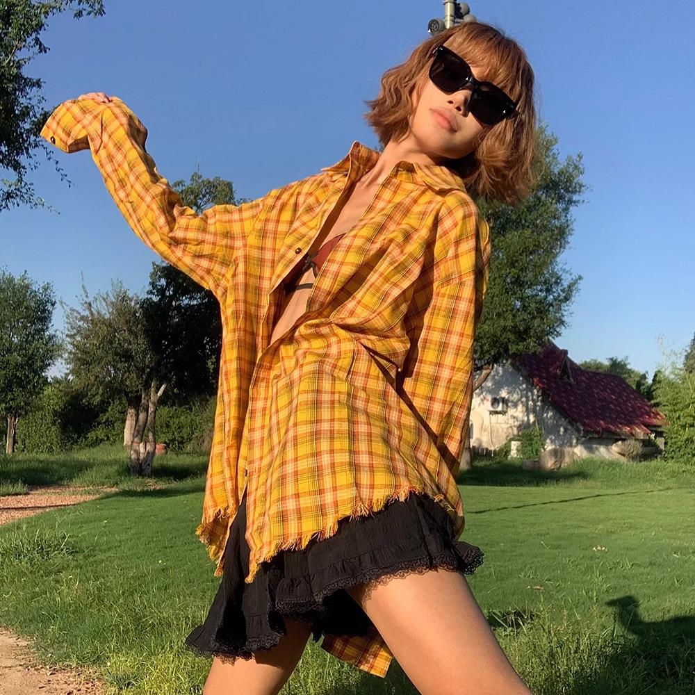 Dopamine Women's Vintage Plaid Long Sleeve Shirt - Retro High-End Outerwear