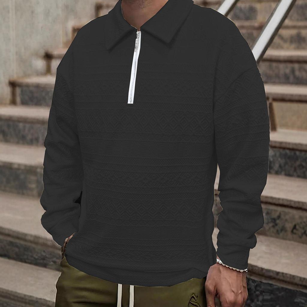 Men's Solid Color Textured Top Half Zip Pullover Casual Slim Fit Long Sleeve Top