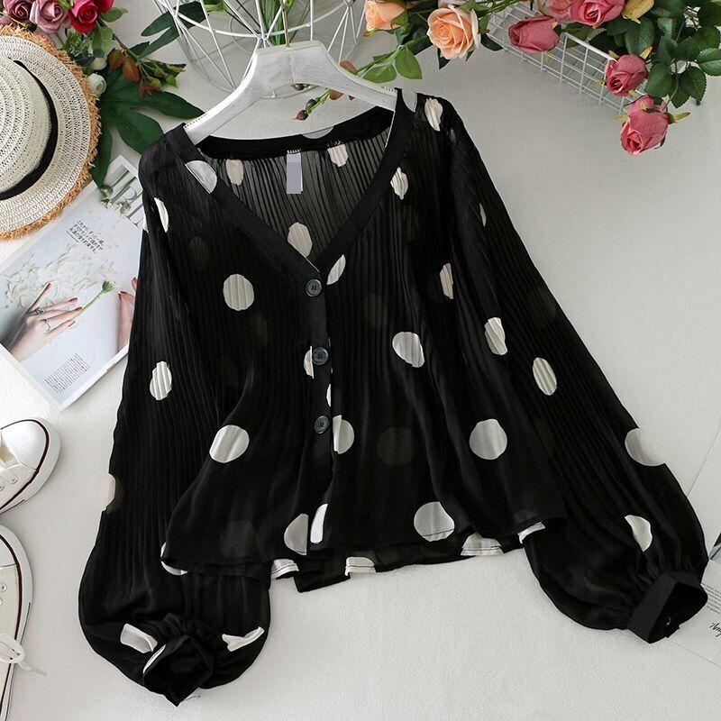 V Neck Pleated Polka Dot Sun Protection Shirt Women's Bubble Sleeve Loose Chiffon Shirt