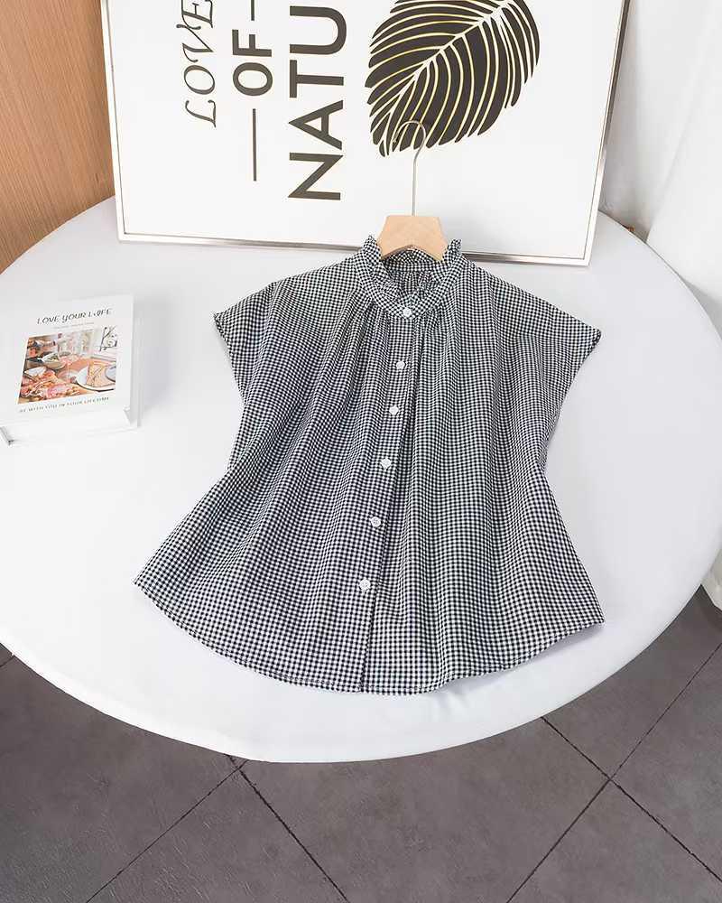 

Летняя клетчатая блузка с оборками из смесовой ткани лен - женский топ с коротким рукавом Small