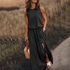 Women Beach Dress Round Neck Sleeveless Elastic High Waist Maxi Dress