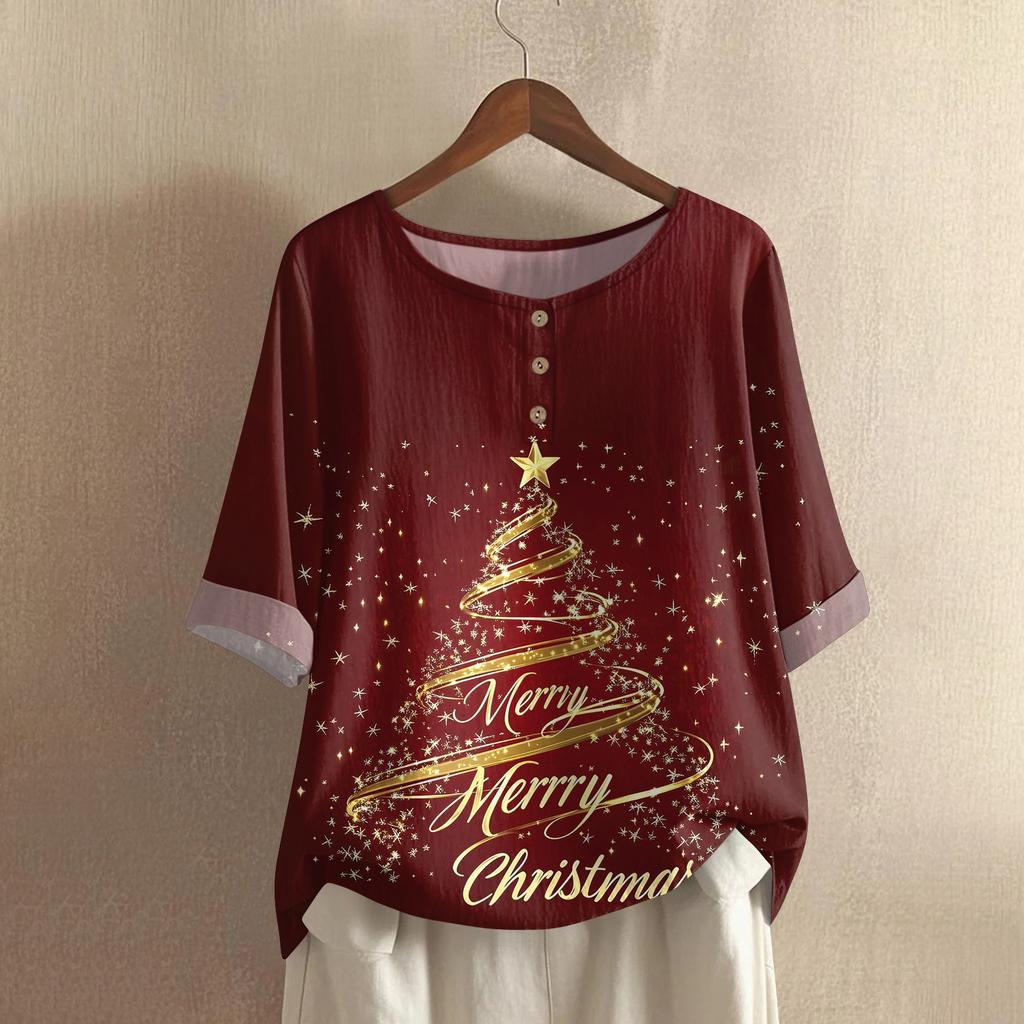 Kadın Modası Ve Günlük Gömlek Yarım Kollu Yuvarlak Yaka Noel Baskılı Pamuk Ve Keten Bluz Üst