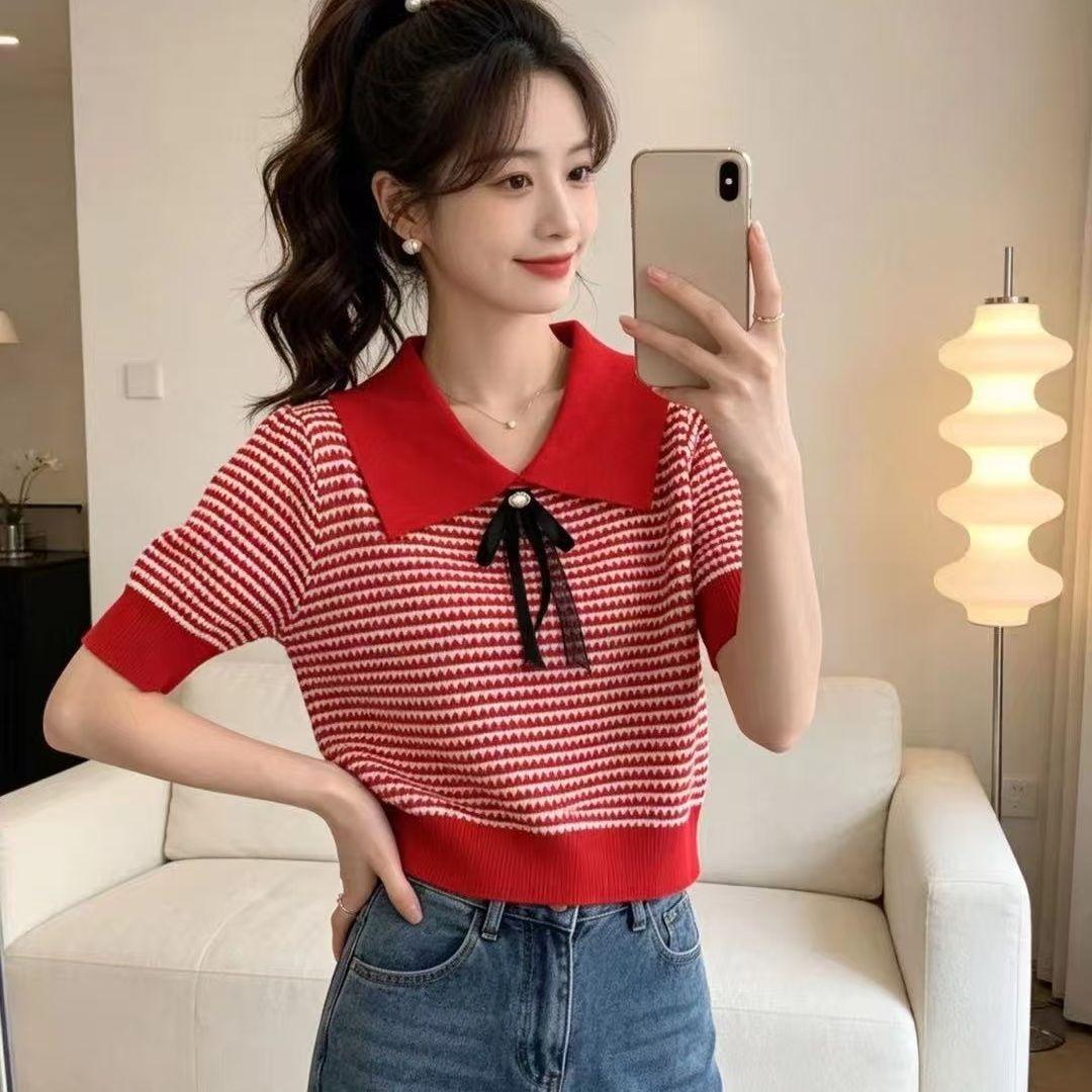

Summer Style Collar-patterned Checkered Design Color-matched Short-sleeved Blouse with A Sleek and Youthful Appearance One size червоний