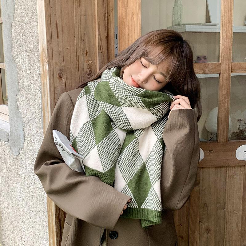 Korean version of the new rhombus plaid thickened wool scarf for women's autumn and winter versatile couple double-sided knitted scarf to keep warm