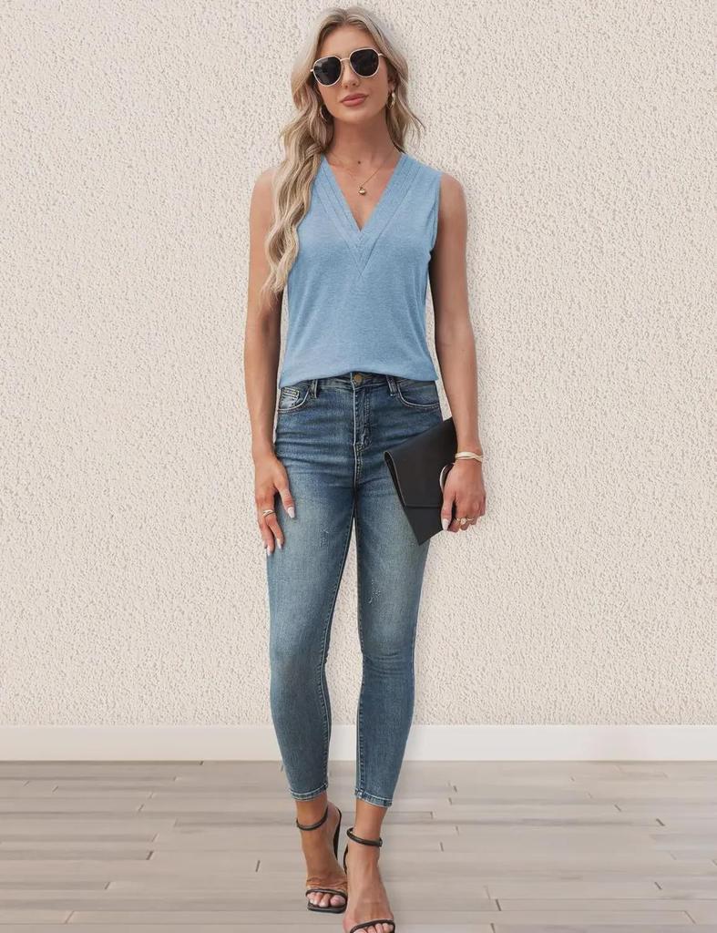 2024 Damen Einfarbig Ärmellos V-Ausschnitt T-Shirt - Europäischer & Amerikanischer Stil